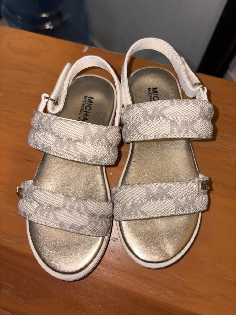 Michael Kors Kids White and Gold MK Logo Strap Sandals